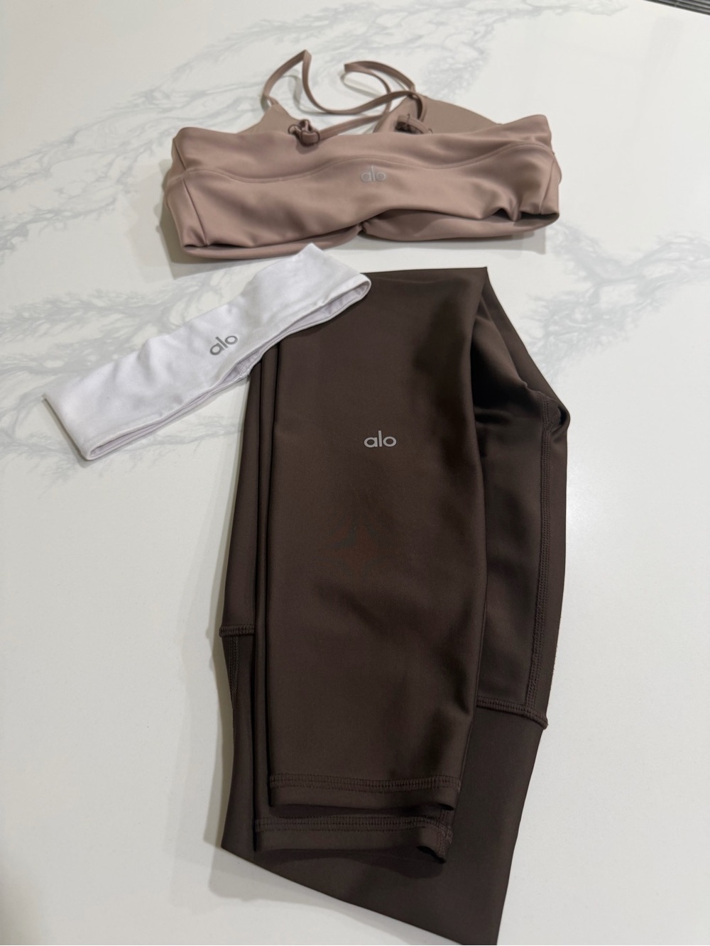 ALO Airlift Yoga Brown Leggings with Taupe Sports Bra and White Headband - Picture 2 of 7